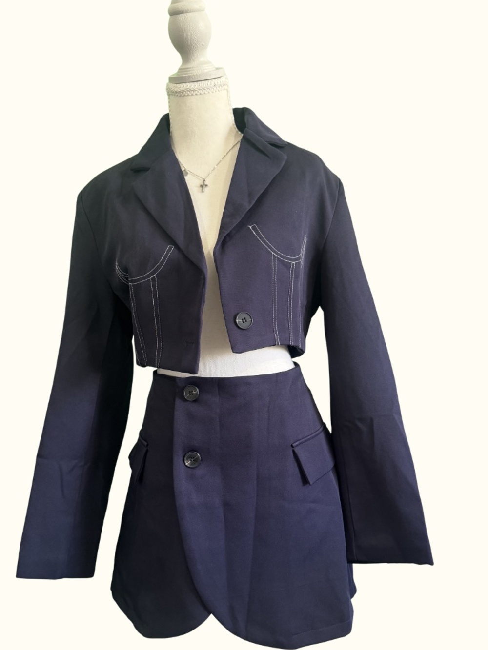 SHEIN Women’s Small 2-Piece Blazer Set Navy Cropped Jacket & Mini Skirt Suit